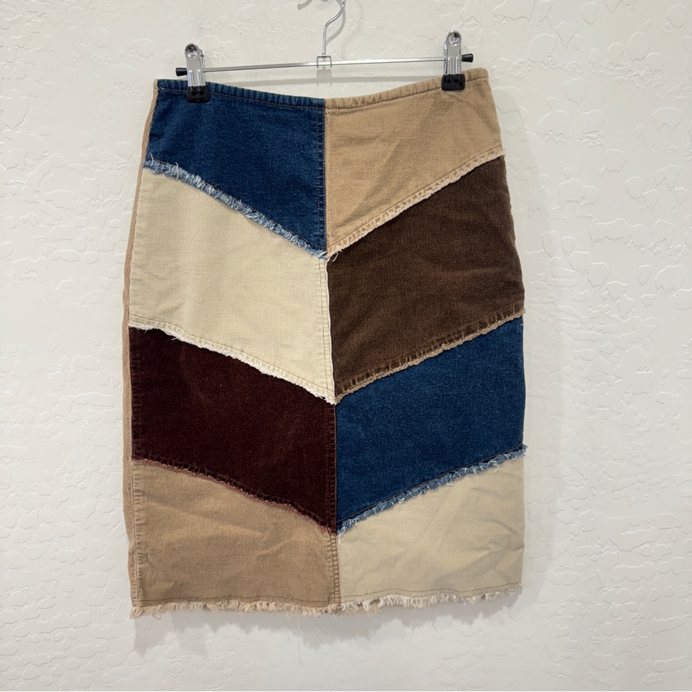 Vintage Y2K Patchwork Corduroy Denim Pencil Skirt Size 3 D’Mode Fitted Frayed
